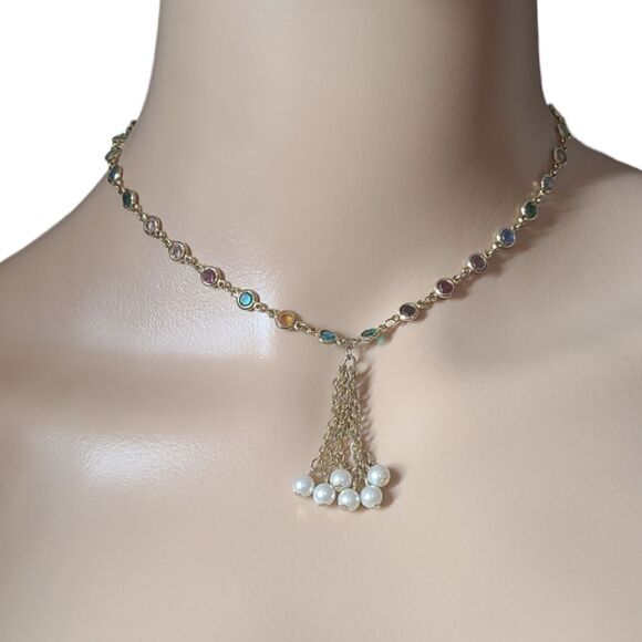 VINTAGE Pearls Colored Stones and Silver Necklace 12" - 16" - Picture 9 of 10